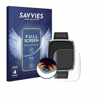 Face avant d’un emballage produit avec le logo de la marque Savvies. À côté, l’appareil Amazfit Active 2 (rectangulaire) est r