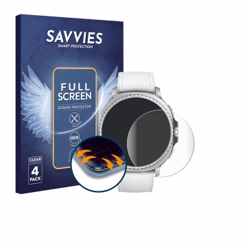 Face avant d’un emballage produit avec le logo de la marque Savvies. À côté, l’appareil Samsung Galaxy Watch 8 Classic (46 mm)