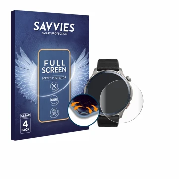 Face avant d’un emballage produit avec le logo de la marque Savvies. À côté, l’appareil Huami Amazfit Balance 2 est représenté