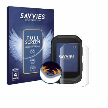 Face avant d’un emballage produit avec le logo de la marque Savvies. À côté, l’appareil Garmin Edge MTB est représenté avec la