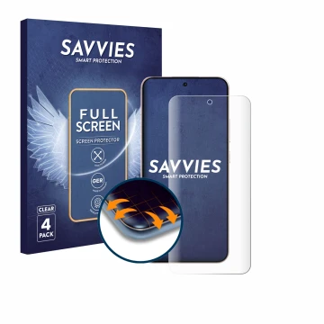 Face avant d’un emballage produit avec le logo de la marque Savvies. À côté, l’appareil Oppo Reno 14 F est représenté avec la 