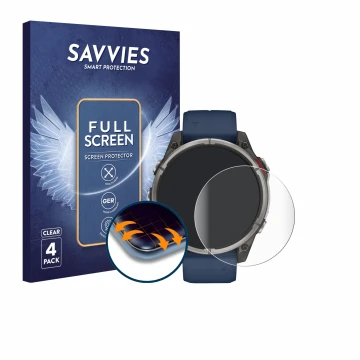 Face avant d’un emballage produit avec le logo de la marque Savvies. À côté, l’appareil Garmin quatix 8 (47 mm) est représenté