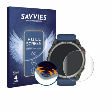 Face avant d’un emballage produit avec le logo de la marque Savvies. À côté, l’appareil Garmin quatix 8 (51 mm) est représenté