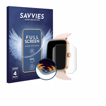 Face avant d’un emballage produit avec le logo de la marque Savvies. À côté, l’appareil Yoever Smartwatch 1.85