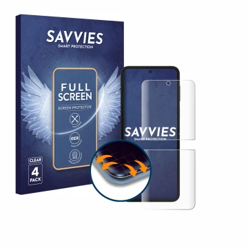 Face avant d’un emballage produit avec le logo de la marque Savvies. À côté, l’appareil Samsung Galaxy Z Flip 7 FE est représe