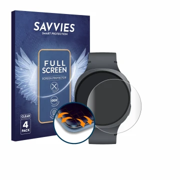Face avant d’un emballage produit avec le logo de la marque Savvies. À côté, l’appareil Samsung Galaxy Watch 8 (44 mm) est rep