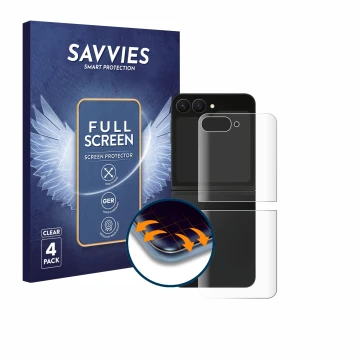 Face avant d’un emballage produit avec le logo de la marque Savvies. À côté, l’appareil Samsung Galaxy Z Flip 7 FE (Arrière) e