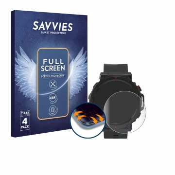 Face avant d’un emballage produit avec le logo de la marque Savvies. À côté, l’appareil Crivit Sport-Smartwatch est représenté