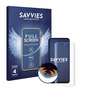 Face avant d’un emballage produit avec le logo de la marque Savvies. À côté, l’appareil Xiaomi Redmi 15 4G est représenté avec