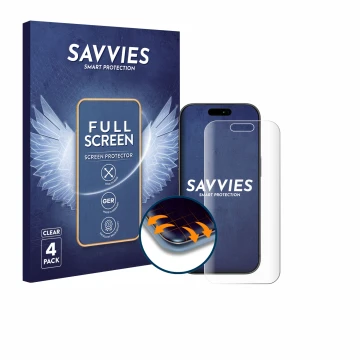 Face avant d’un emballage produit avec le logo de la marque Savvies. À côté, l’appareil Apple iPhone 17 Pro est représenté ave