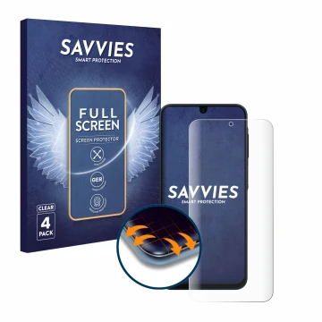 Face avant d’un emballage produit avec le logo de la marque Savvies. À côté, l’appareil Samsung Galaxy A17 4G est représenté a