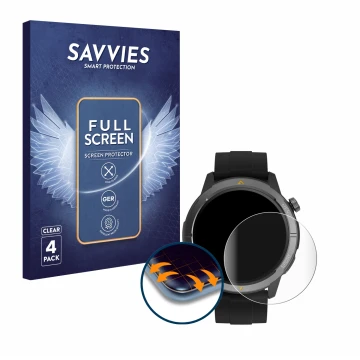 Face avant d’un emballage produit avec le logo de la marque Savvies. À côté, l’appareil AGM Legion Watch 1.43