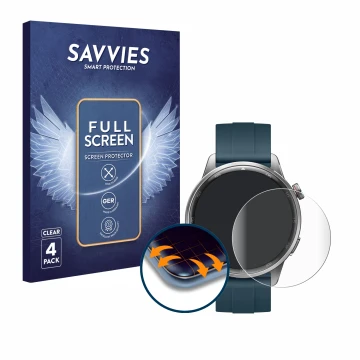 Face avant d’un emballage produit avec le logo de la marque Savvies. À côté, l’appareil realme Watch S2 est représenté avec la