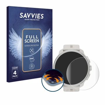 Face avant d’un emballage produit avec le logo de la marque Savvies. À côté, l’appareil Suunto Race 2 est représenté avec la p