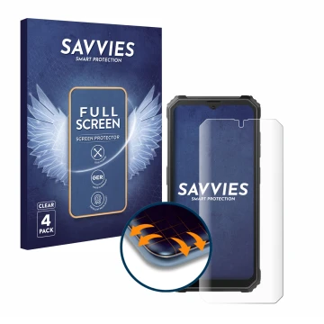 Face avant d’un emballage produit avec le logo de la marque Savvies. À côté, l’appareil Blackview BV4800 est représenté avec l
