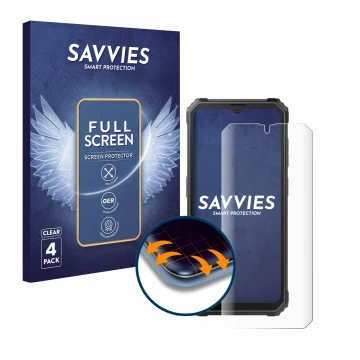 Face avant d’un emballage produit avec le logo de la marque Savvies. À côté, l’appareil Blackview BV4800 SE est représenté ave