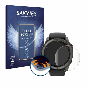 Face avant d’un emballage produit avec le logo de la marque Savvies. À côté, l’appareil Garmin Fenix 8 Pro AMOLED (51 mm) est 