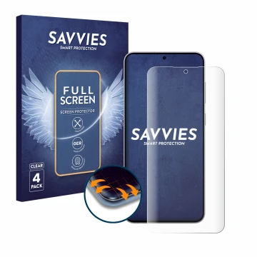 Face avant d’un emballage produit avec le logo de la marque Savvies. À côté, l’appareil Samsung Galaxy S25 FE est représenté a