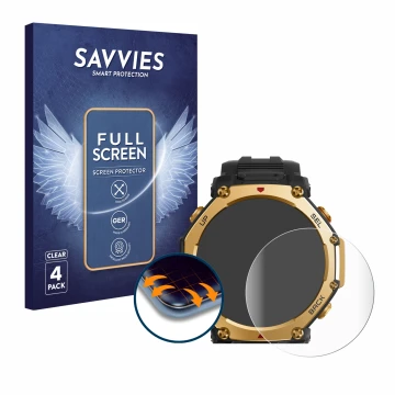 Face avant d’un emballage produit avec le logo de la marque Savvies. À côté, l’appareil Huami Amazfit T-Rex 3 Pro (48 mm) est 