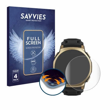Face avant d’un emballage produit avec le logo de la marque Savvies. À côté, l’appareil Huami Amazfit T-Rex 3 Pro (44 mm) est 