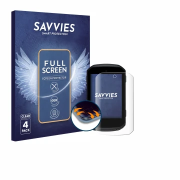 Face avant d’un emballage produit avec le logo de la marque Savvies. À côté, l’appareil Garmin Edge 850 est représenté avec la