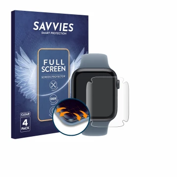 Face avant d’un emballage produit avec le logo de la marque Savvies. À côté, l’appareil Apple Watch SE 3 (44 mm) est représent