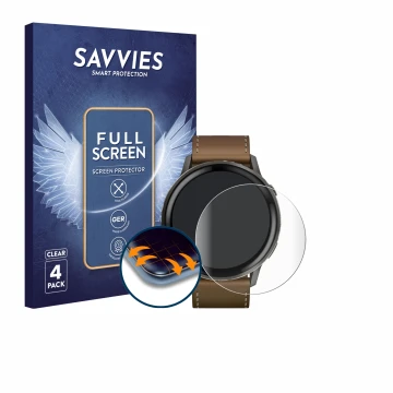Face avant d’un emballage produit avec le logo de la marque Savvies. À côté, l’appareil Garmin Venu 4 (45 mm) est représenté a
