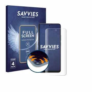 Face avant d’un emballage produit avec le logo de la marque Savvies. À côté, l’appareil Honor 400 Smart 4G est représenté avec
