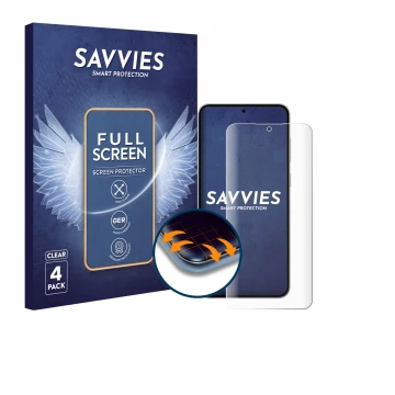 Face avant d’un emballage produit avec le logo de la marque Savvies. À côté, l’appareil Samsung Galaxy S25 FE Enterprise Editi