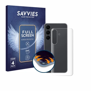 Face avant d’un emballage produit avec le logo de la marque Savvies. À côté, l’appareil Samsung Galaxy S25 FE Enterprise Editi
