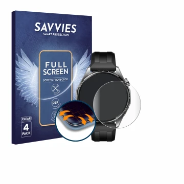 Face avant d’un emballage produit avec le logo de la marque Savvies. À côté, l’appareil Huawei Watch GT 6 (46 mm) est représen