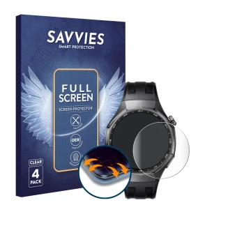 Face avant d’un emballage produit avec le logo de la marque Savvies. À côté, l’appareil Huawei Watch GT 6 Pro (46 mm) est repr