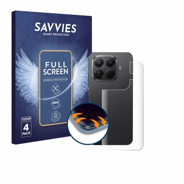 Face avant d’un emballage produit avec le logo de la marque Savvies. À côté, l’appareil Xiaomi 15T Pro (Arrière) est représent