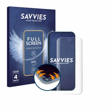 Face avant d’un emballage produit avec le logo de la marque Savvies. À côté, l’appareil Google Pixel 9 (case-friendly) est rep
