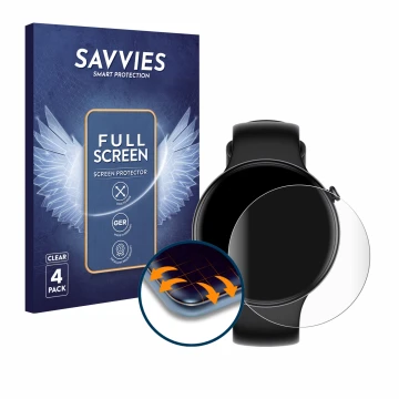 Face avant d’un emballage produit avec le logo de la marque Savvies. À côté, l’appareil Honor Watch Fit est représenté avec la