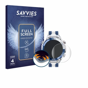Face avant d’un emballage produit avec le logo de la marque Savvies. À côté, l’appareil Huawei Watch Ultimate 2 Blue est repré