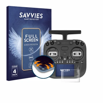 Face avant d’un emballage produit avec le logo de la marque Savvies. À côté, l’appareil Radiomaster TX15 Max est représenté av