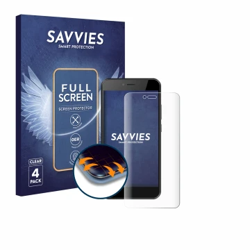 Face avant d’un emballage produit avec le logo de la marque Savvies. À côté, l’appareil HTC Wildfire E5 Life est représenté av