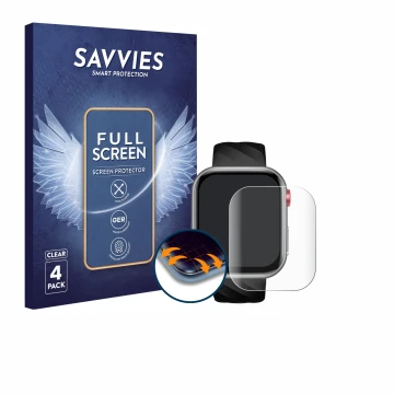 Face avant d’un emballage produit avec le logo de la marque Savvies. À côté, l’appareil Taopon Smartwatch 1.97
