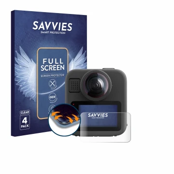 Face avant d’un emballage produit avec le logo de la marque Savvies. À côté, l’appareil GoPro Max 2 est représenté avec la pro