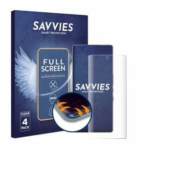 Face avant d’un emballage produit avec le logo de la marque Savvies. À côté, l’appareil ZTE Nubia Red Magic 11 Pro+ est représ