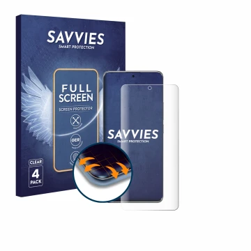 Face avant d’un emballage produit avec le logo de la marque Savvies. À côté, l’appareil Xiaomi Redmi Note 14 Pro Plus 5G est r