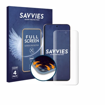 Face avant d’un emballage produit avec le logo de la marque Savvies. À côté, l’appareil Oppo Reno 14 est représenté avec la pr