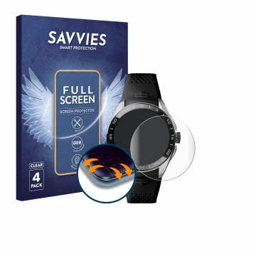 Face avant d’un emballage produit avec le logo de la marque Savvies. À côté, l’appareil TAG Heuer Connected Calibre E5 (45 mm)