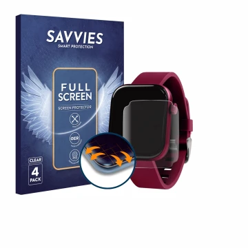 Face avant d’un emballage produit avec le logo de la marque Savvies. À côté, l’appareil Reflex Active Berry AMOLED 1.85