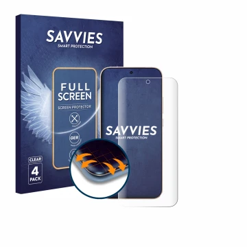 Face avant d’un emballage produit avec le logo de la marque Savvies. À côté, l’appareil Oppo Reno 15 Pro est représenté avec l