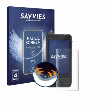 Face avant d’un emballage produit avec le logo de la marque Savvies. À côté, l’appareil Uniwa F400 est représenté avec la prot