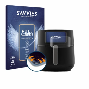 Face avant d’un emballage produit avec le logo de la marque Savvies. À côté, l’appareil Philips Airfryer 5000 Series XXL 7,2L 
