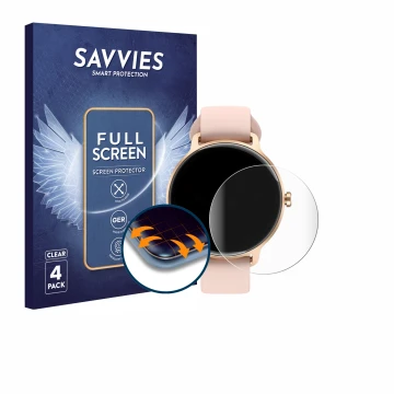 Face avant d’un emballage produit avec le logo de la marque Savvies. À côté, l’appareil Yoever Smartwatch 1.27