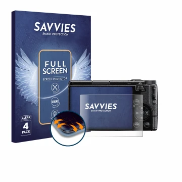 Face avant d’un emballage produit avec le logo de la marque Savvies. À côté, l’appareil Ricoh GR IV HDF 2025 est représenté av